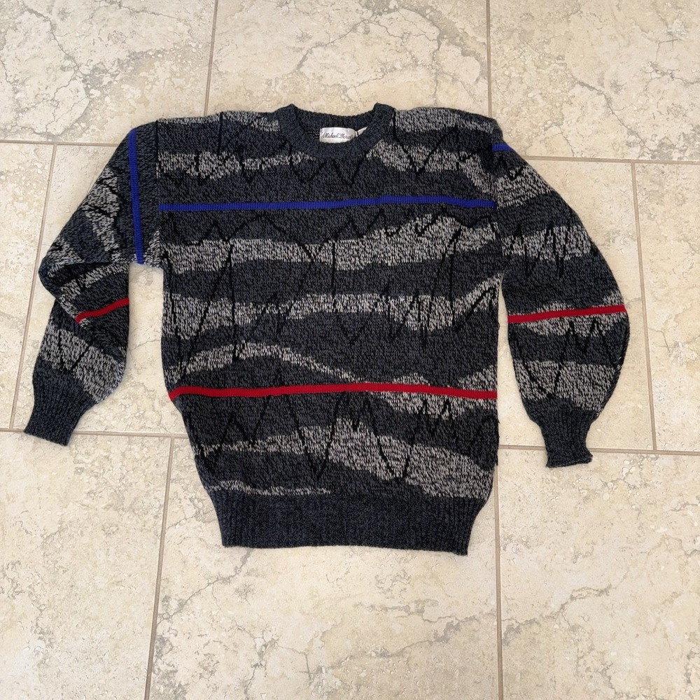 Vintage Michael Gerald Sweater Mens L Gray Red Blue Knit Pullover Geometric